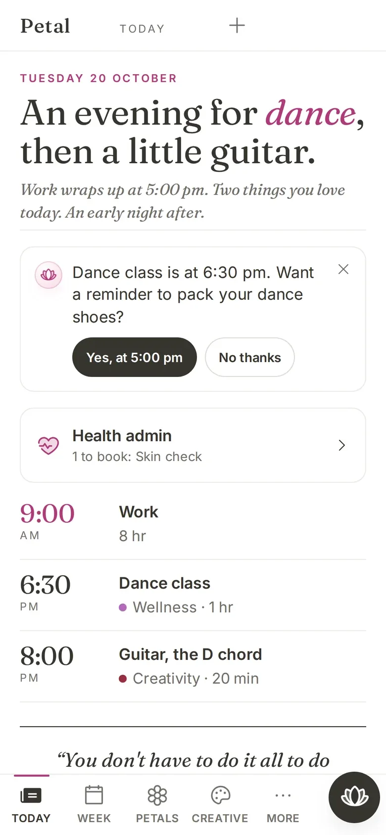 Petal's Today screen: an evening for dance, then a little guitar